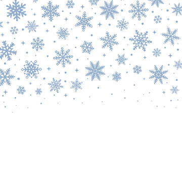 Snow fall vector border for the winter holidays, random greeting banner with blue hand drawn snow flake elements