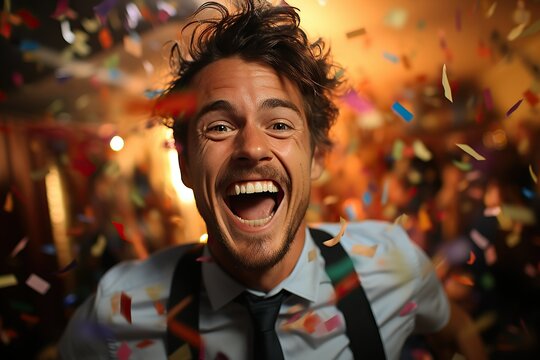 A jubilant man with a beaming smile celebrating with a burst of multicolored confetti indoors