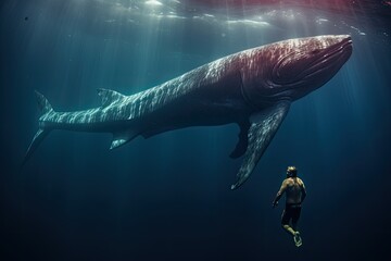 Humpback whale in the deep blue ocean. This image is a 3d render illustration, Sperm whale next to a Freediver, AI Generated