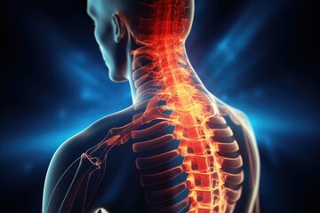 3D Illustration of human skeleton anatomy - back pain on blue background, Spine injury pain in sacral and cervical region concept 3d render, AI Generated