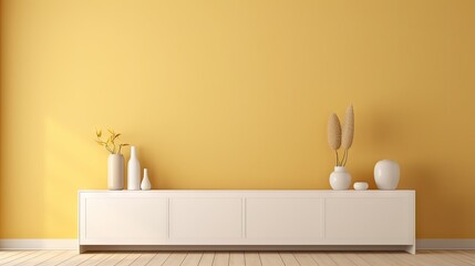  a room with a yellow wall and a white cabinet with vases on top of it and a yellow wall behind it.