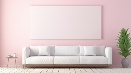  a living room with a pink wall and a white couch in front of a large blank canvas on the wall.