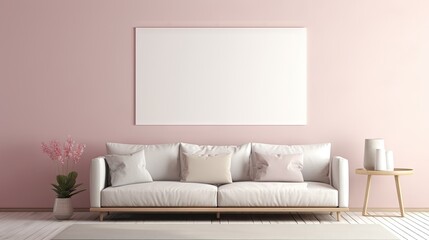  a living room with a pink wall and a white couch and a table with a vase of flowers on it.