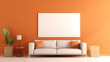  a living room with an orange wall and a white couch with orange pillows and a plant in the corner of the room.