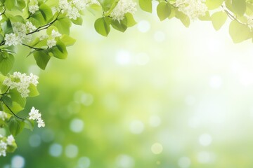 Fototapeta na wymiar Beautiful spring background with green leaves and white flowers on bokeh, spring background or summer background with fresh green, AI Generated
