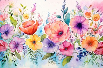 Watercolor floral background with flowers. Hand drawn watercolor illustration, Spring floral in watercolor background, AI Generated