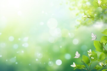 Fototapeta na wymiar Spring background with green leaves and white butterflies. Nature bokeh, spring background or summer background with fresh green, AI Generated
