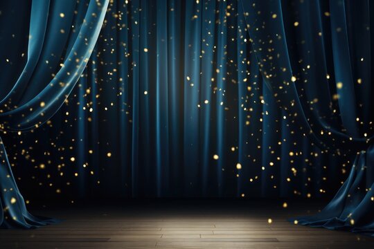 Blue theater curtain with golden spotlight. Stage background. 3D Rendering, Spotlight on blue curtain background and falling golden confetti, AI Generated