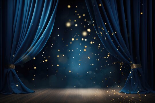 Dark stage with blue curtains and spotlights, 3d render illustration, Spotlight on blue curtain background and falling golden confetti, AI Generated