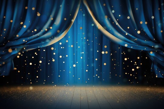 Blue theater curtain with golden lights and spotlights. 3d rendering, Spotlight on blue curtain background and falling golden confetti, AI Generated