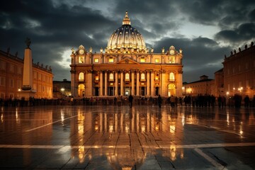 Fototapeta premium Basilica of Saint Peter in Vatican at night, Rome, Italy, St Peter Cathedral in Rome, Italy, AI Generated