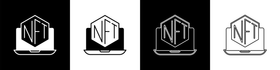 Set Laptop with art store app icon isolated on black and white background. Technology of selling NFT tokens for cryptocurrency. Non fungible token concept. Vector