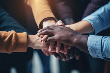 Closeup of multiethnic business people stacking hands together in office, Startup Business People Teamwork Cooperation Hands Together, closeup, top section cropped, AI Generated