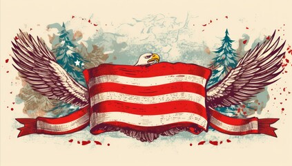 an american eagle flying in front of an american flag, vintage style patriotic card, banner wallpaper, copy space for text, Memorial Day , Independence Day, 4th July  - obrazy, fototapety, plakaty
