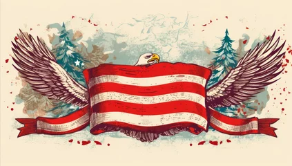 Fotobehang an american eagle flying in front of an american flag, vintage style patriotic card, banner wallpaper, copy space for text, Memorial Day , Independence Day, 4th July  © XC Stock