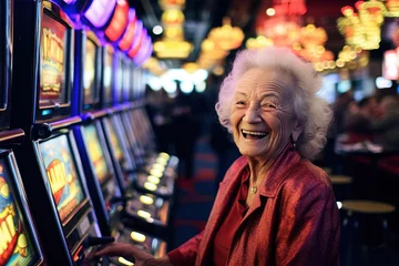 Tuinposter very lucky old woman smiling near slot machines in a casino © arhendrix