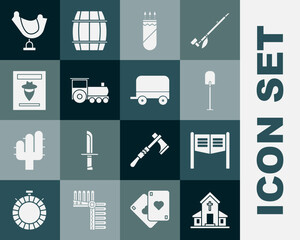 Set Church building, Saloon door, Shovel, Quiver with arrows, Retro train, Wanted western poster, Wild saddle and covered wagon icon. Vector