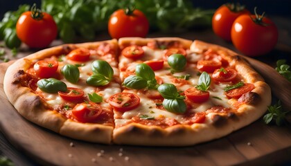 Juicy delicious pizza on a wooden cutting board, pizza slices with tomato and basil