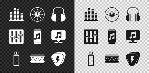Set Music equalizer, Dial knob level technology settings, Headphones, USB flash drive, Drum, Guitar pick, Sound mixer controller and player icon. Vector