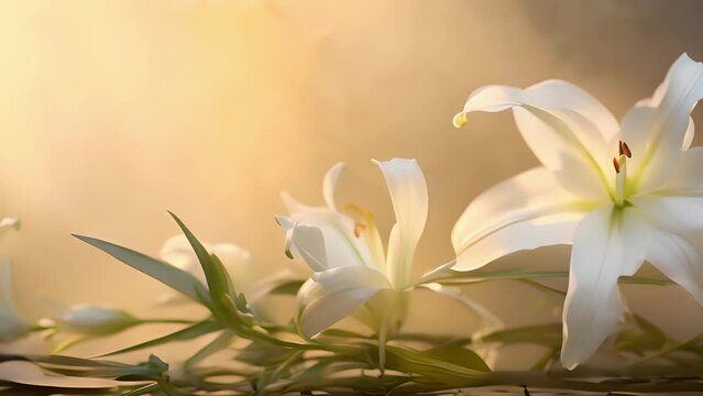 The soft, glowing light of Easter morning illuminates this image of a cross adorned with lilies, signifying the light and hope that Jesus brings to the world.