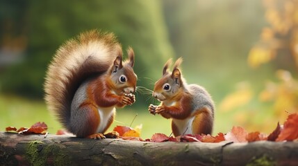 Two squirrels sitting on a log and eating nuts in autumn forest