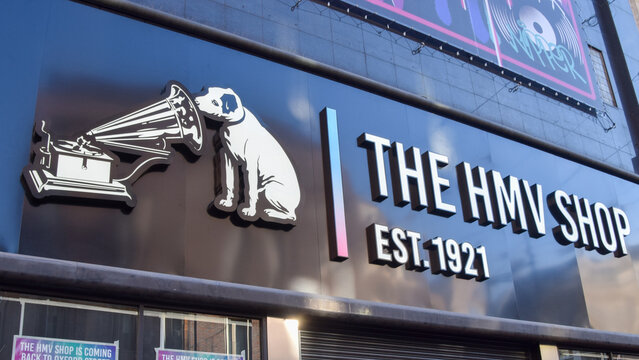 General view of the sign at HMV, on November 17 2023 in London, UK