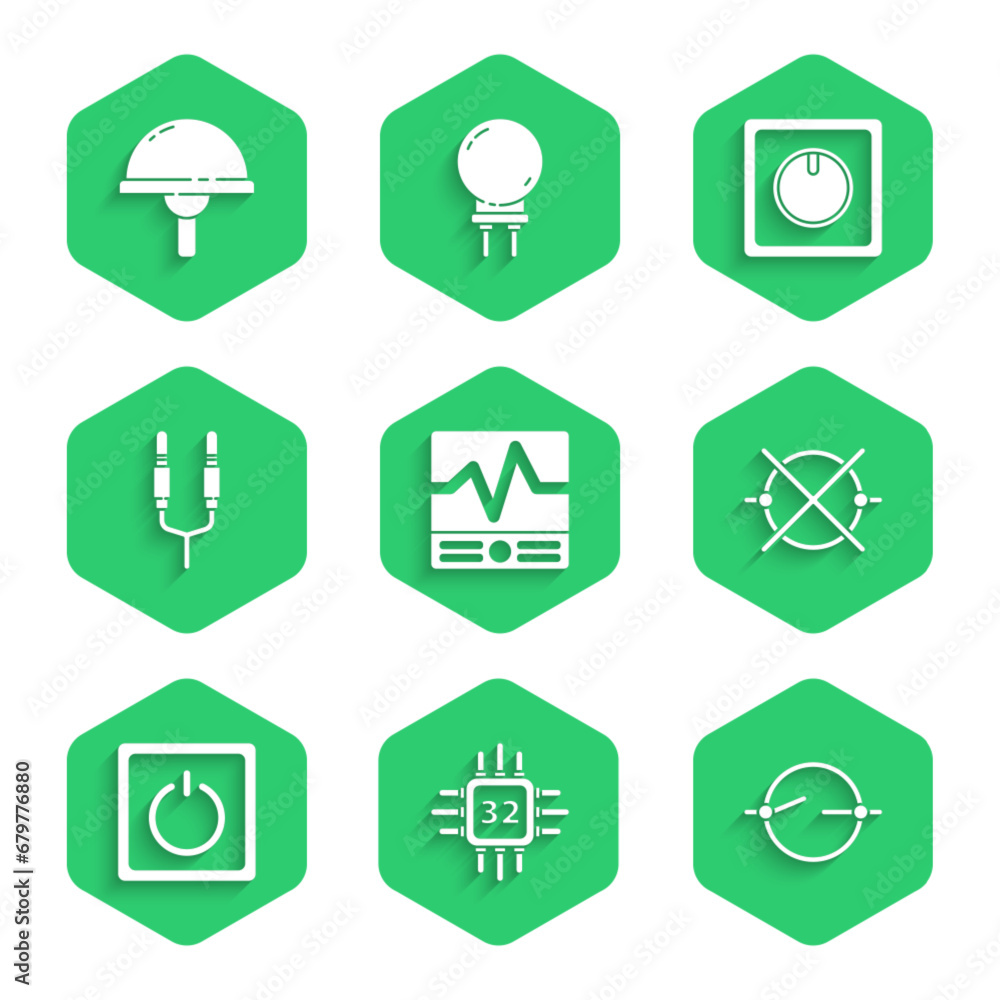 Poster set electrical measuring instruments, processor with microcircuits cpu, scheme, light switch, audio 