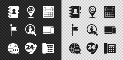 Set Address book, Location and mail and e-mail, Calendar, World map made from speech bubble, Telephone 24 hours support, marker and Create account screen icon. Vector