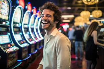 lucky young man smiling near slot machines in a casino - Powered by Adobe