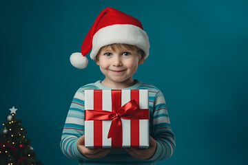  A young boy in a Santa hat holds up a gift box on a blue background.