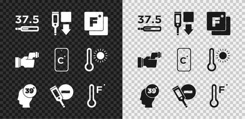 Set Medical thermometer, Digital, Fahrenheit, High human body temperature, Meteorology, Checking and Celsius icon. Vector