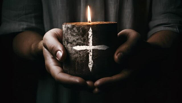 Concept photo of a persons hand holding a crossshaped candle, with the ashes on their forehead forming a crosslike pattern. The contrast between the white candle and the dark ashes creates