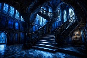 stairs in an enchanted mansion with blue tones
