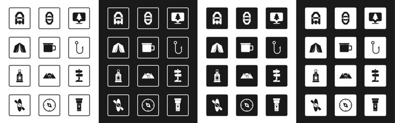 Set Location of the forest, Camping metal mug, Tourist tent, Rafting boat, Fishing hook, Road traffic signpost and lantern icon. Vector