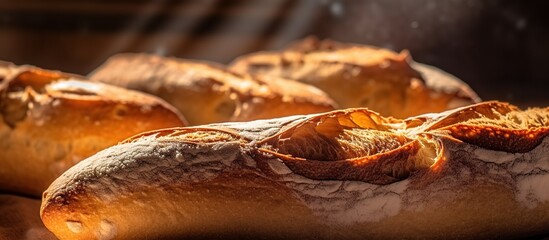 Closeup of freshly baked ciabatta bread in a bakery - obrazy, fototapety, plakaty
