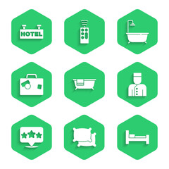 Set Bathtub, Pillow, Hotel room bed, Concierge, Five stars rating review, Suitcase, with shower and Signboard text icon. Vector