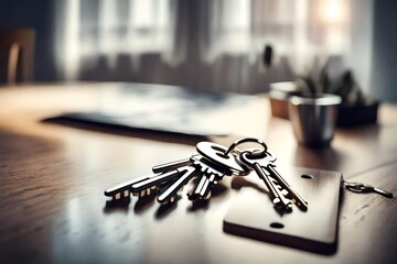 Keys on the table in new apartment or hotel room. Mortgage, investment, rent, real estate, property concept 