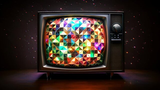 An oldfashioned television set with a bulky frame featuring an array of ling stars on a black background and a small square colored screen with a geometric pattern