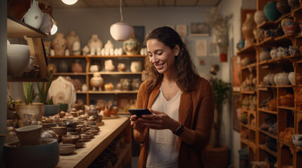 Smiling woman is browsing her smartphone in a ceramics shop, surrounded by shelves filled with various pottery items like bowls and vases.
