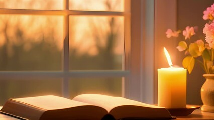 A beautiful scene of a Bible and candle sitting side by side on a windowsill, their light casting a tranquil ambiance in the room.