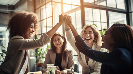 Moment of celebration, with a group of women in a business setting giving each other a high five, all smiling and exuding happiness and a sense of achievement. - obrazy, fototapety, plakaty