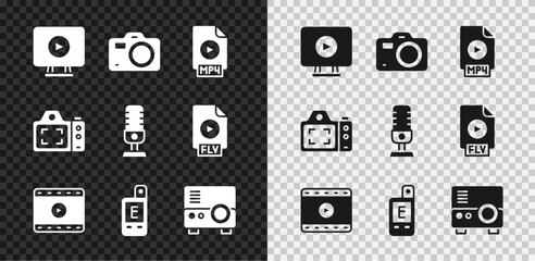 Set Online play video, Photo camera, MP4 file document, Play Video, Light meter, Media projector, and Microphone icon. Vector