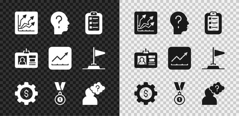 Set Financial growth increase, Head with question mark, To do list or planning, Gear dollar, Medal, Identification badge and icon. Vector