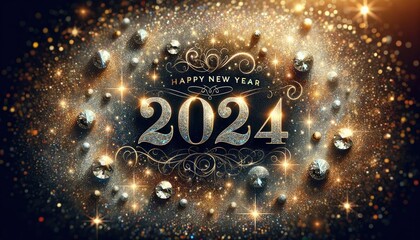 festive New Year celebration theme with the text Happy New Year 2024 surrounded by sparkling gold and silver decorations. - obrazy, fototapety, plakaty