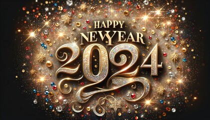 festive New Year celebration theme with the text Happy New Year 2024 surrounded by sparkling gold and silver decorations.