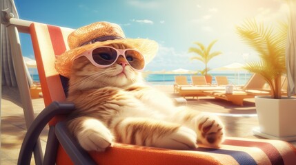 Cute cat wearing sunglasses and tropical cocktail relaxing on vacation on the beach. - obrazy, fototapety, plakaty