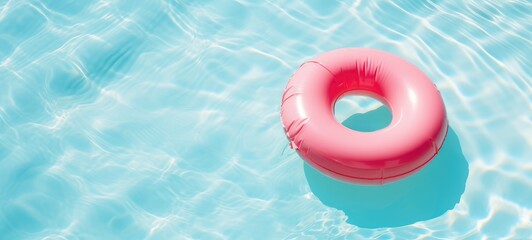 A pink rubber ring floats in a blue pond.