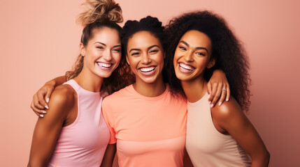 Three smiling women in sportswear standing close together, representing fitness, health, and friendship.