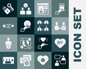 Set Two sitting men talking, BFF or best friends forever, Happy friendship day, Dating online, Romantic relationship, Lock with key and icon. Vector