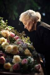 Old woman with flowers standing near coffin at funeral